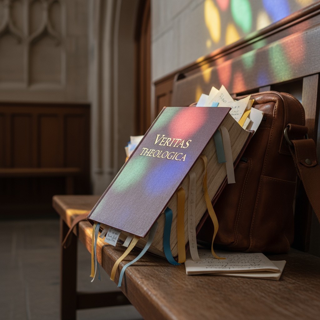 A faded leather-armored brown-hued book, intricately tilted on a brown wooden bench. This captivating image features the b...
