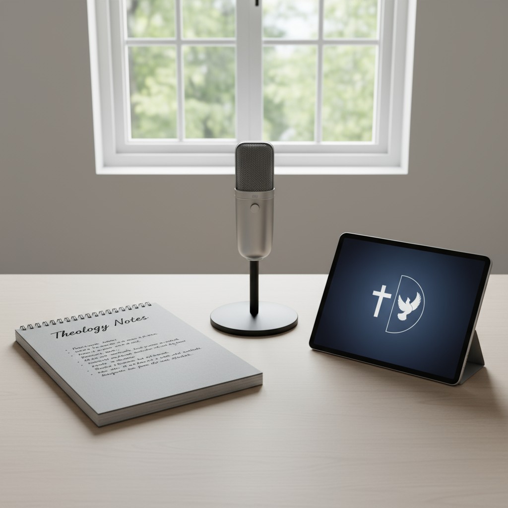 A well-equipped desk for podcasting, featuring a microphone, spiral notebook, and tablet with a religious symbol displayed...